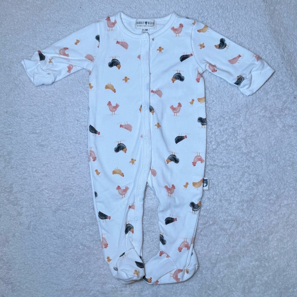 White Footed One-Piece with Chicken Print by Rabbit + Bear